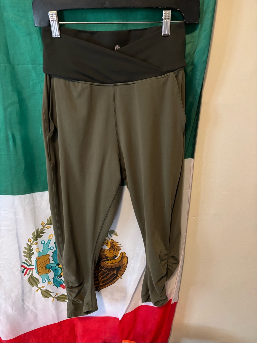 lululemon athletica Olive Green Cropped Leggings with Black Foldover Waistband